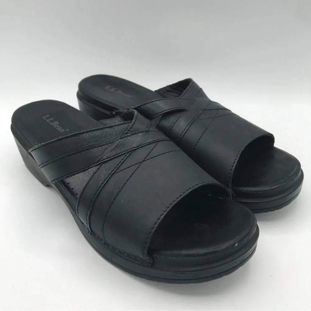 L.L. Bean Women's Black Slip On Wedge Slide Sandals US Size 9 EU 40‎